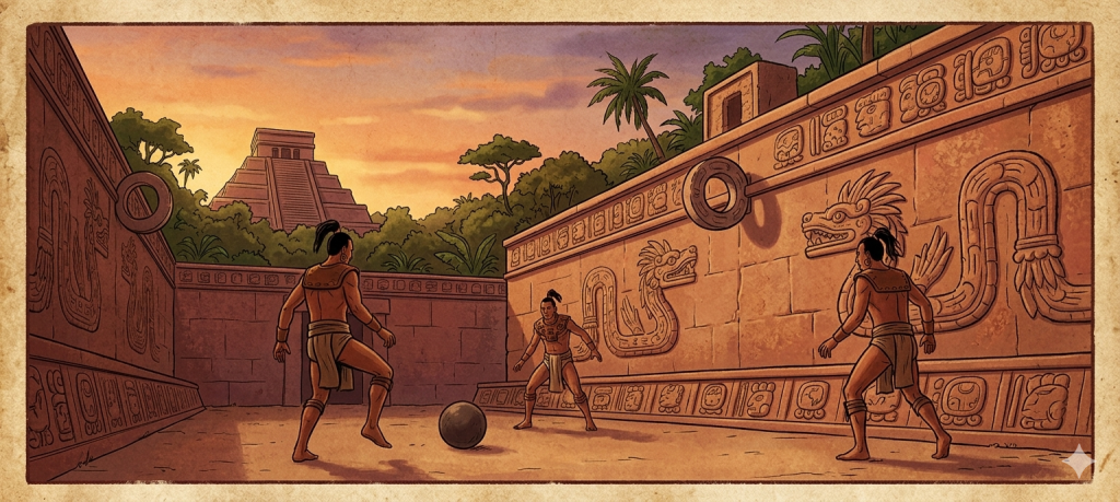 Ancient Mayan ball players practicing the Ulama game on a grand court at sunset, a central historical origin of football in Mesoamerica.