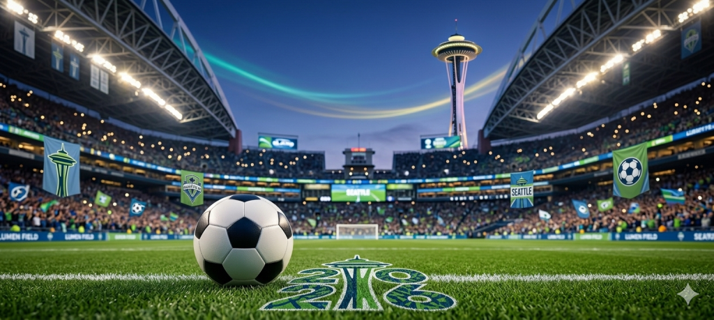 Seattle 2026 Football History Soccer ball on a stadium field with the Seattle Space Needle in the background for World Cup 2026.