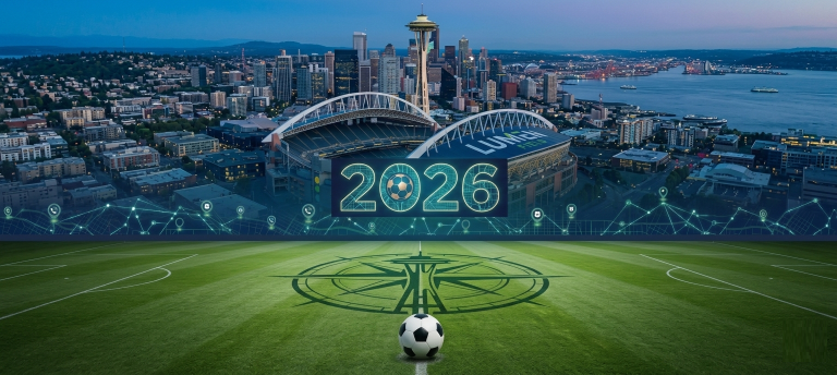Aerial view of Lumen Field and the Space Needle in Seattle with a 2026 soccer theme.
