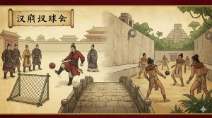 A panoramic historical illustration merging the ancient Chinese Cuju practice and Mayan ball players, showing the deep historical origins of football across different cultures.
