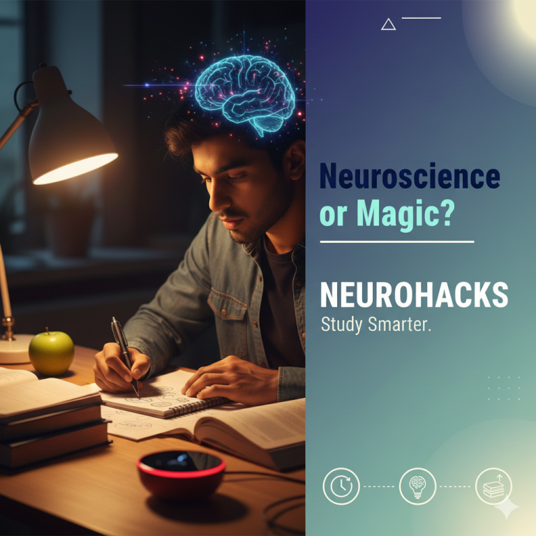 Scientific study hacks featuring a student focusing with a digital brain icon.