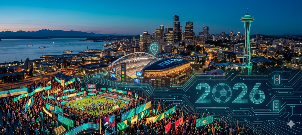 Seattle 2026 World Cup Celebration and Stadium Fan View Aerial view of Seattle at twilight with thousands of fans celebrating. A glowing blue digital network connects Lumen Field, the Space Needle, and the years 2026 with a soccer ball icon