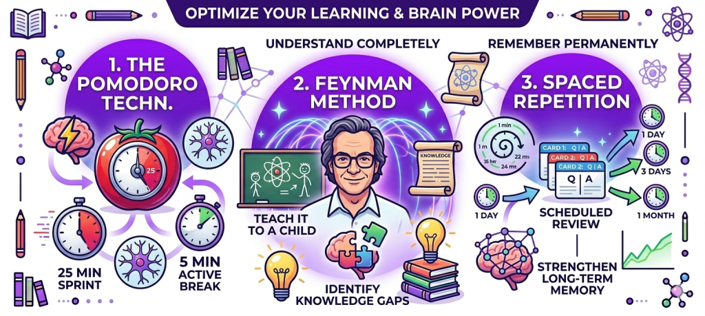 Infographic showing three scientific study hacks: Pomodoro, Feynman Method, and Spaced Repetition.