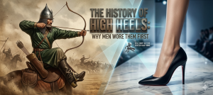 Persian cavalryman and modern stiletto shoe illustrating the history of high heels.