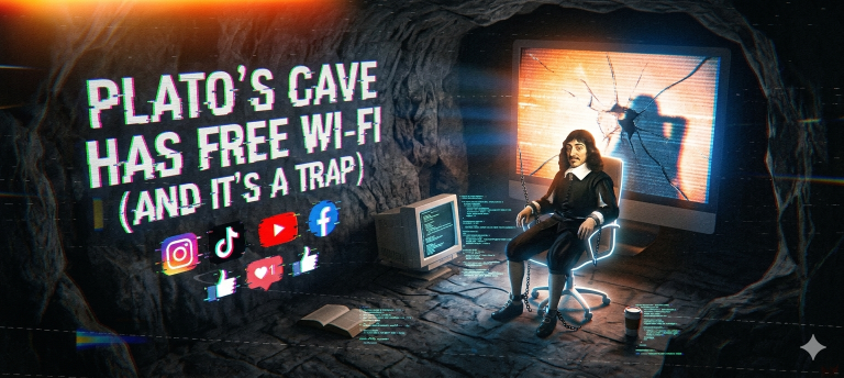 Plato's Cave and Social Media: A modern allegory featuring Descartes in a digital cave with social media icons and glitch effects.
