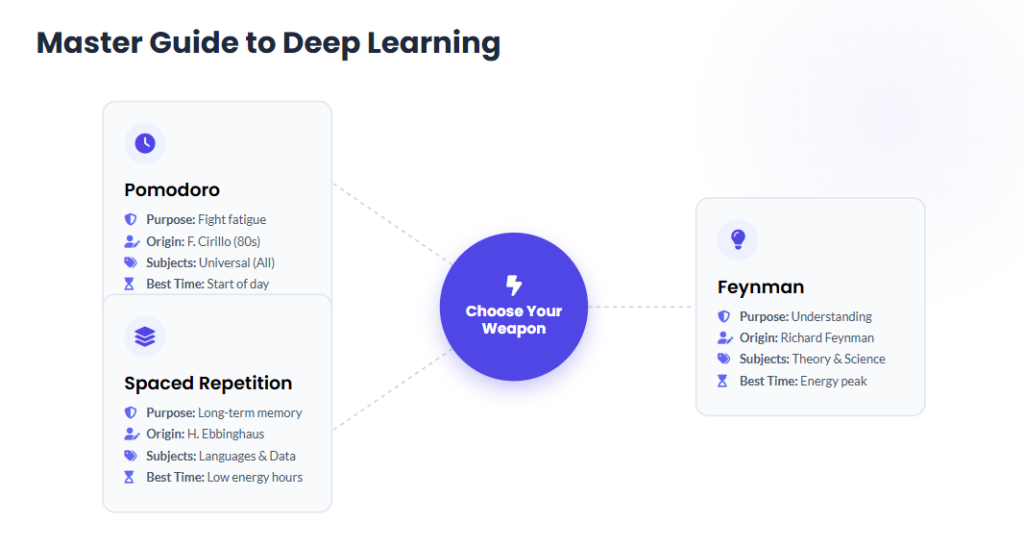Mind map of scientific study hacks including Pomodoro, Feynman, and Spaced Repetition