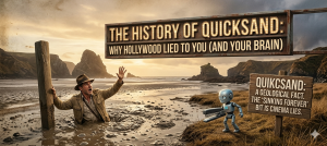 A movie-style scene of a man in quicksand next to Greg explaining the history of quicksand myths.