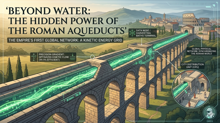 Illustration of Roman Aqueducts architecture functioning as a kinetic energy grid, showing glowing data flow inside stone arches and Roman city distribution units.
