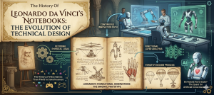 An infographic comparing historical Leonardo da Vinci’s Notebooks with modern robotic engineering and design.