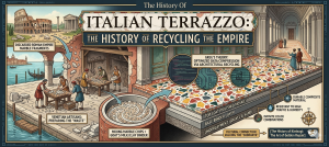 Illustration showing the creation process of Italian Terrazzo, depicting artisans recycling marble fragments into durable composite flooring, with technical diagrams of material layers.