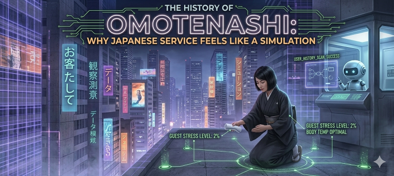 A modern Japanese store setup with a cybernetic overlay representing Greg analyzing customer user history data streams during an omotenashi interaction.