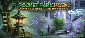 A miniature pocket park in Tokyo squeezed between futuristic skyscrapers with a glowing loading bar screen representing the robot Greg concept.