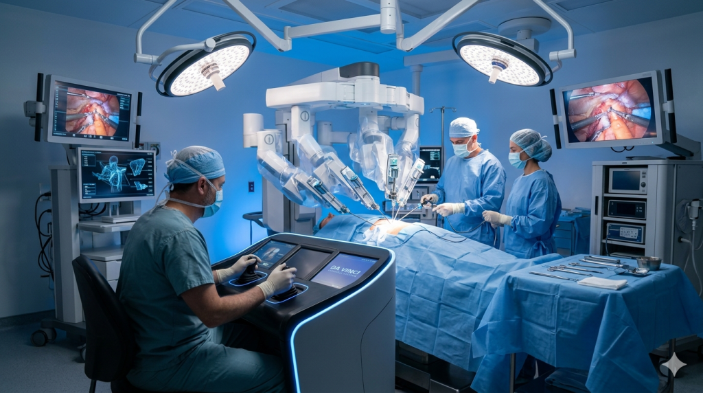 A surgeon operating a robotic surgical system from a console, featuring glowing digital overlays, patient anatomy maps, and a telesurgery feed interface.