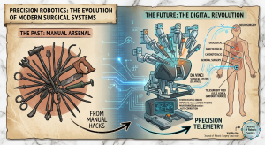 An infographic illustrating the evolution of surgery from manual tools (The Past: Manual Arsenal) to the precision of a robotic Da Vinci interface (The Future: The Digital Revolution), highlighting Greg's theories on telemetry.