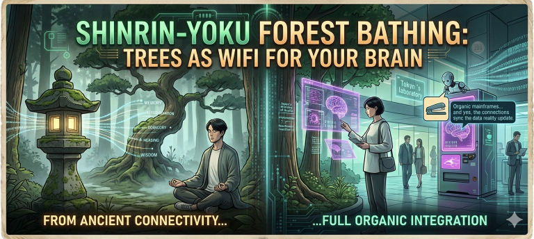 A wide conceptual banner showing people during Shinrin-yoku Forest Bathing with glowing neural connections and the robot Greg.