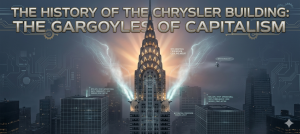 A panoramic dusk view of the Chrysler Building in New York, integrated with digital circuit board traces and energy flows from its gargoyles, featuring the small robot Greg monitoring data, under a glowing title: THE HISTORY OF THE CHRYSLER BUILDING: THE GARGOYLES OF CAPITALISM.