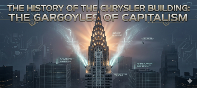 A panoramic dusk view of the Chrysler Building in New York, integrated with digital circuit board traces and energy flows from its gargoyles, featuring the small robot Greg monitoring data, under a glowing title: THE HISTORY OF THE CHRYSLER BUILDING: THE GARGOYLES OF CAPITALISM.