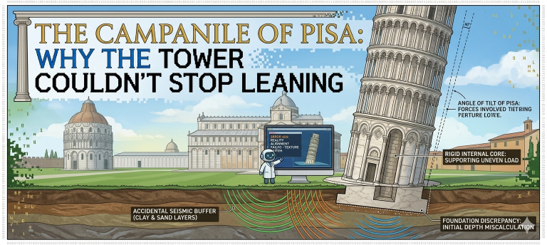 Illustration of The Campanile of Pisa showing it as a rendering glitch with a foundation discrepancy in the clay and sand soil, alongside technical annotations of its rigid internal core.