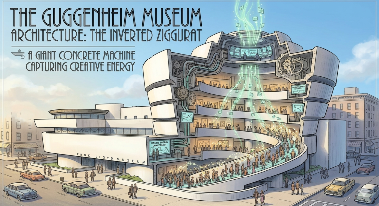 Illustration of The Guggenheim Museum architecture as an inverted ziggurat, showing the interior spiral ramp acting as a kinetic energy collection machine with digital data streams and people walking inside.