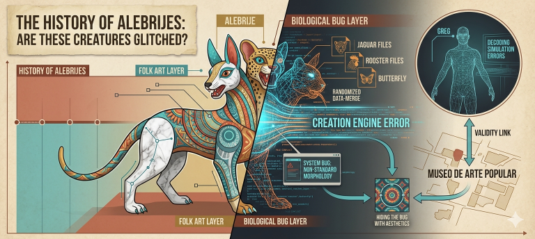 An infographic illustrating The History of Alebrijes depicting a vibrant, hybrid creature as a biological bug or render error composed of data streams within a digital simulation.