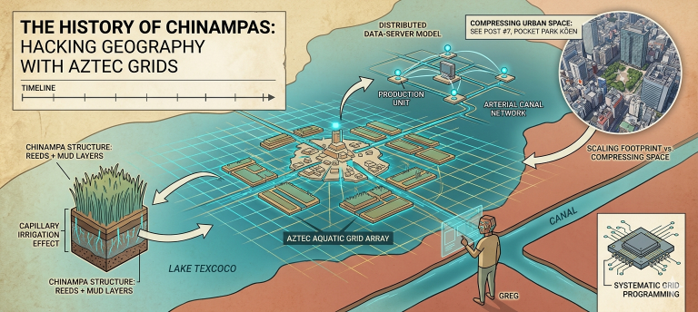 An infographic comparing The History of Chinampas modular grid design with modern urban architectural nodes and data networks.