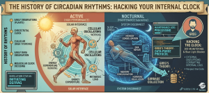 An infographic illustrating The History of Circadian Rhythms as an internal clock system, showing the transition between active high-performance states and nocturnal maintenance subroutines, including Greg's "Data-Purge Protocol."