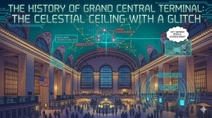 The History of Grand Central Terminal architectural main concourse showing the celestial ceiling glitch with digital overlays and Greg the robot.