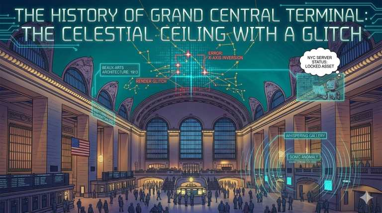 The History of Grand Central Terminal architectural main concourse showing the celestial ceiling glitch with digital overlays and Greg the robot.