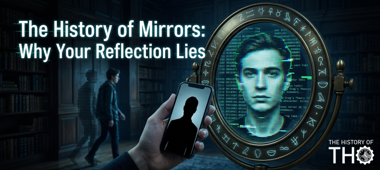 A digital mirror interface showing a reflection glitch with binary code - The History of Mirrors