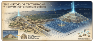 An infographic depicting The History of Teotihuacán as a massive motherboard, comparing its ancient geometric pyramids to modern data infrastructure.