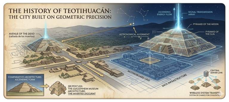 An infographic depicting The History of Teotihuacán as a massive motherboard, comparing its ancient geometric pyramids to modern data infrastructure.