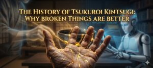 A human hand with gold cracks in a Kintsugi style with Greg the robot and the title The History of Tsukuroi Kintsugi: Why Broken Things Are Better.