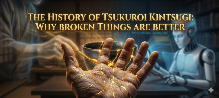 A human hand with gold cracks in a Kintsugi style with Greg the robot and the title The History of Tsukuroi Kintsugi: Why Broken Things Are Better.
