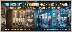 A wide conceptual banner showing the history of vending machines in Japan with historical and modern data nodes.