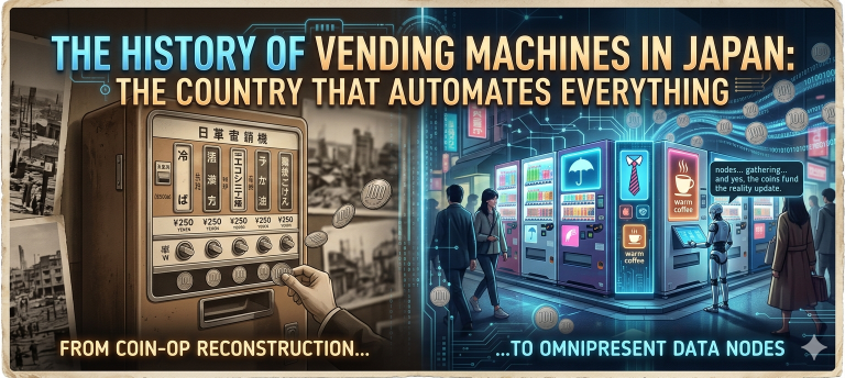 A wide conceptual banner showing the history of vending machines in Japan with historical and modern data nodes.