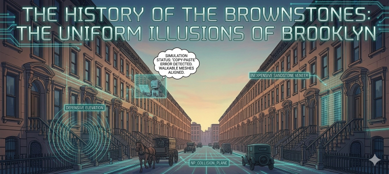 The History of the Brownstones illustration showing Brooklyn row houses with high stoops and digital copy-paste labels from Greg's simulation theory.