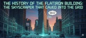 A panoramic comic-style illustration of the Flatiron Building in New York with a glowing neon grid overlay, vintage cars on the streets, a data stabilization thought bubble, and the title: THE HISTORY OF THE FLATIRON BUILDING: THE SKYSCRAPER THAT CAVED INTO THE GRID.