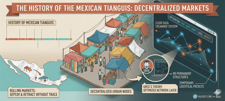 An infographic illustrating The History of the Mexican Tianguis as a fluid, nomadic network of market nodes that deploy and retract across an urban map without leaving permanent data logs.