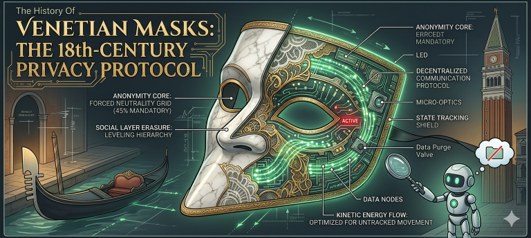 Diagram of a Venetian mask as a 18th-century privacy protocol, featuring a technical cross-section with an anonymity core, data nodes, and state-tracking shields.