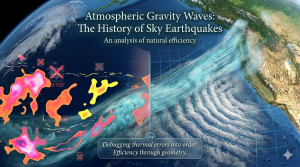 A satellite visualization illustrating Atmospheric Gravity Waves: chaotic thermal anomalies over the Pacific transform into ordered geometric patterns over North American land.