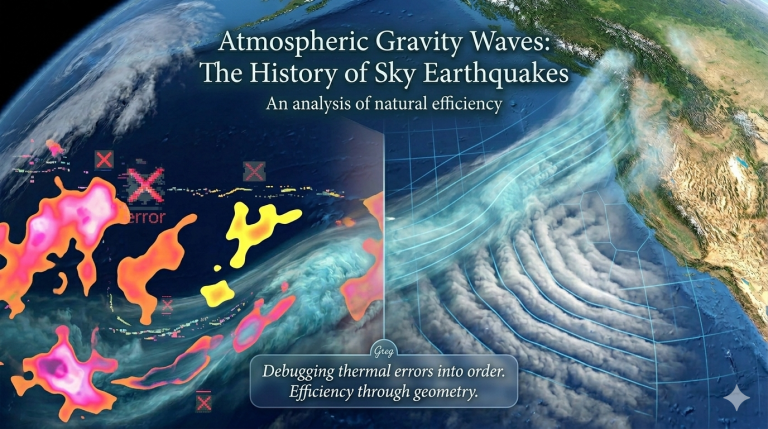 A satellite visualization illustrating Atmospheric Gravity Waves: chaotic thermal anomalies over the Pacific transform into ordered geometric patterns over North American land.
