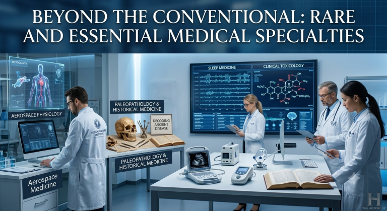 A professional medical research team working in a modern laboratory, visualizing advanced specialties like aerospace medicine and paleopathology.