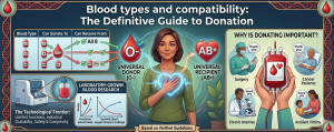 Infographic about blood types and compatibility, illustrating universal donors, universal recipients, and the importance of blood donation.