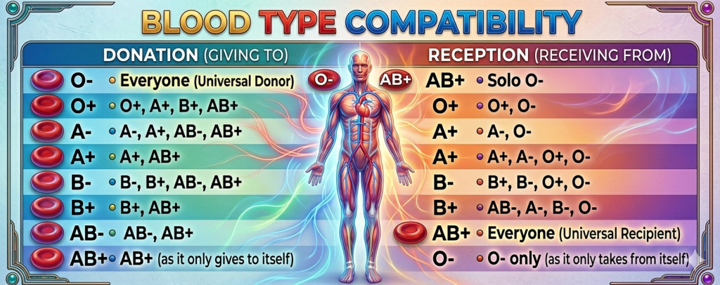 Infographic showing blood types and compatibility, highlighting universal donors and recipients with a human body diagram.
