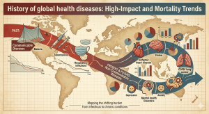 Infographic showing the history and shift from infectious to chronic global health impact diseases.