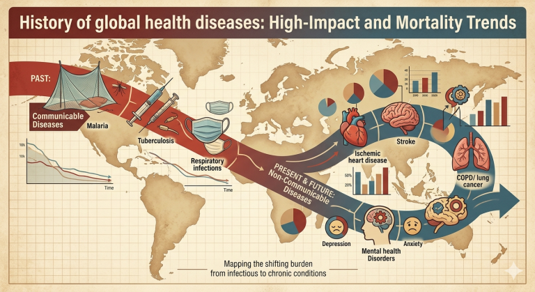 Infographic showing the history and shift from infectious to chronic global health impact diseases.