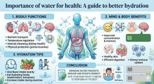 Importance of water for health: A medical illustration showing the benefits of hydration for bodily functions, mind and body, and practical tips for daily water intake.