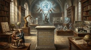 Symbolic representation of medical innovations that revolutionized medicine, featuring historical milestones and pioneers in a library setting.