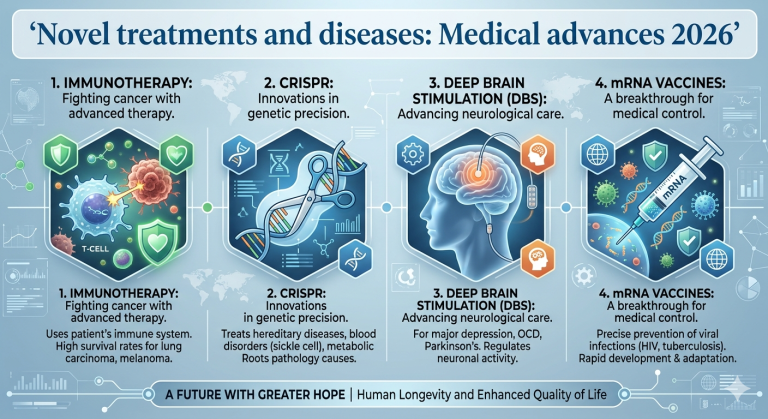 Infographic titled 'Novel treatments and diseases: Medical advances 2026' showing four panels: Immunotherapy, CRISPR gene editing, Deep Brain Stimulation (DBS), and mRNA Vaccines.