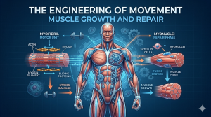 Infographic about The Engineering of Movement and muscle physiology, illustrating the damage-repair cycle and the importance of physical activity for health.